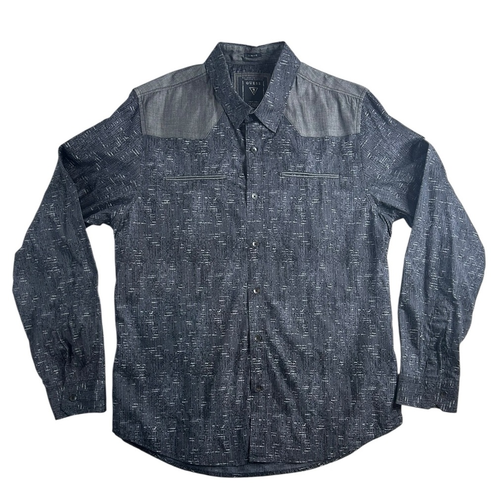 GUESS Men’s Medium Slim Fit Western Button Down Shirt Black Gray Denim Look‎
